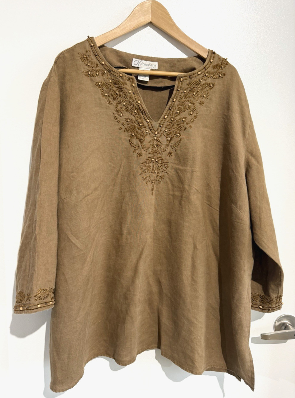 Dressbarn Linen tunic Shirt Women’s 24W Brown Embroidery Coastal grandma peasant